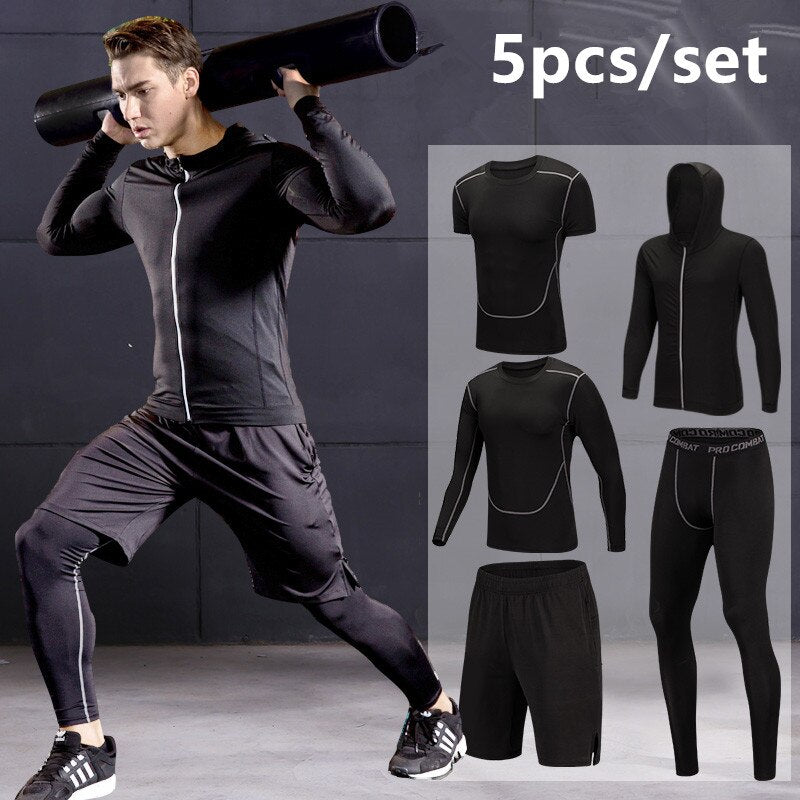 Quick Dry Running Set Men Compression Sports Suit Hooded Basketball Trainning Running Set Breathable Gym Jogging Fitness Clothes