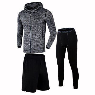 Quick Dry Running Set Men Compression Sports Suit Hooded Basketball Trainning Running Set Breathable Gym Jogging Fitness Clothes