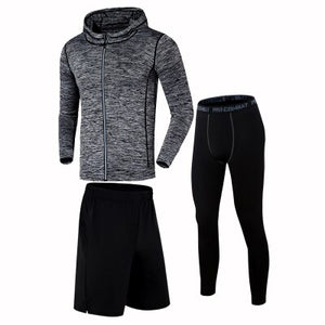 Quick Dry Running Set Men Compression Sports Suit Hooded Basketball Trainning Running Set Breathable Gym Jogging Fitness Clothes