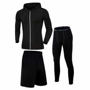 Quick Dry Running Set Men Compression Sports Suit Hooded Basketball Trainning Running Set Breathable Gym Jogging Fitness Clothes