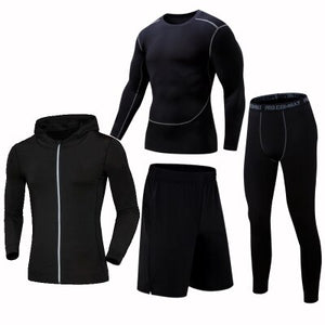 Quick Dry Running Set Men Compression Sports Suit Hooded Basketball Trainning Running Set Breathable Gym Jogging Fitness Clothes