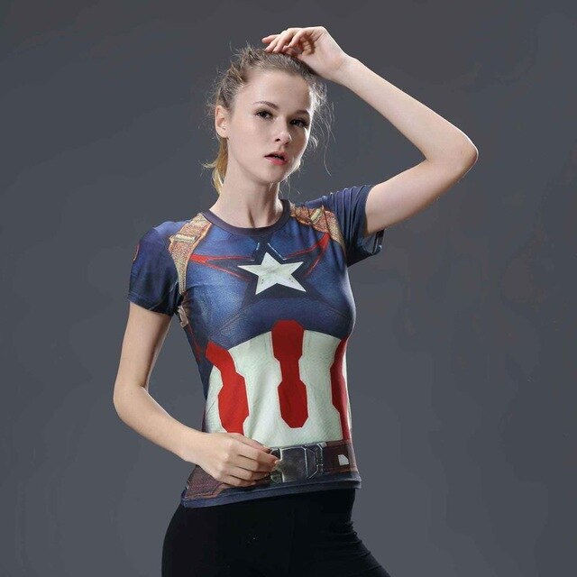 Women t-shirt bodys  marvel captain america/superman/batman/Spiderman compression t shirt girl fitness tights trainning