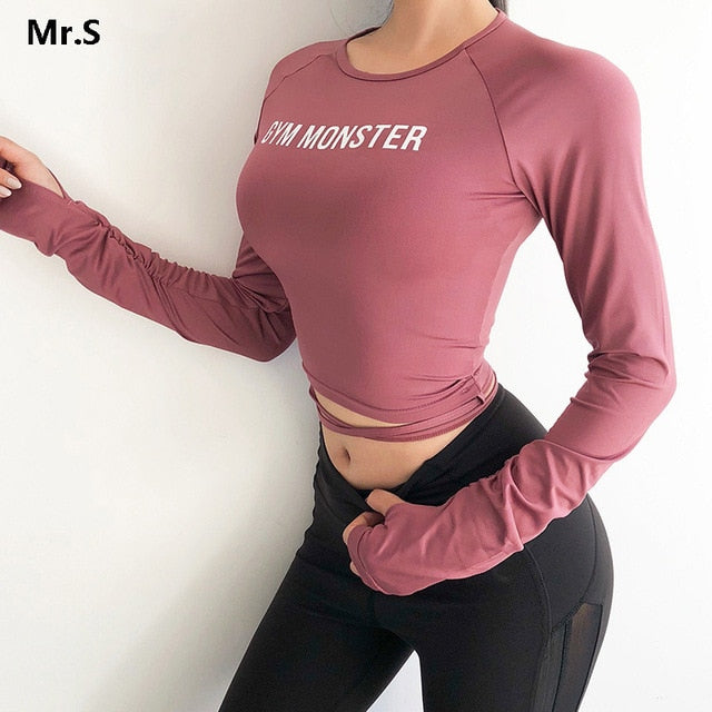 Solid Long Sleeve Yoga Crop Top Gym Shirts for Women Workout Shirts with thumb holes Fitness Running Sport