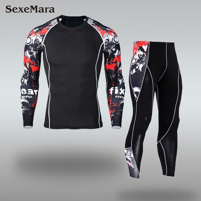 Mens Sport Running Set Compression T-Shirt + Pants Skin-Tight Long Sleeves Fitness MMA Training Clothes Gym Yoga Suits