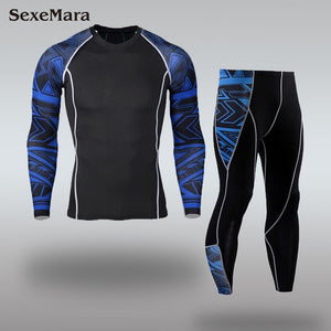 Mens Sport Running Set Compression T-Shirt + Pants Skin-Tight Long Sleeves Fitness MMA Training Clothes Gym Yoga Suits