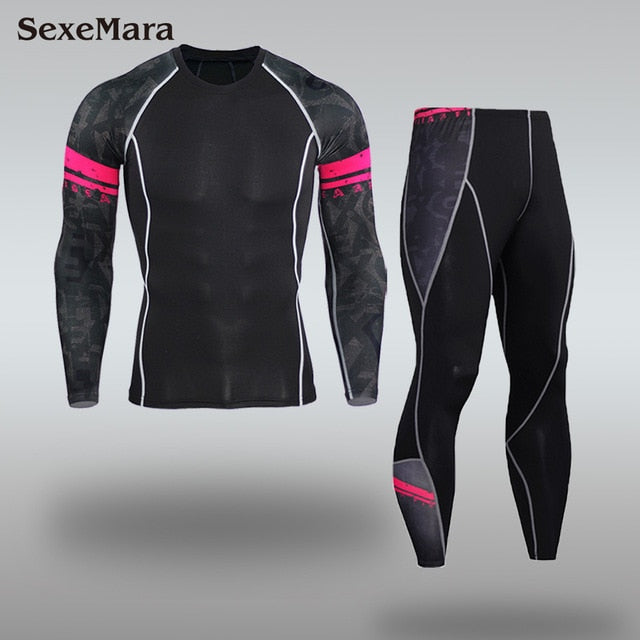 Mens Sport Running Set Compression T-Shirt + Pants Skin-Tight Long Sleeves Fitness MMA Training Clothes Gym Yoga Suits