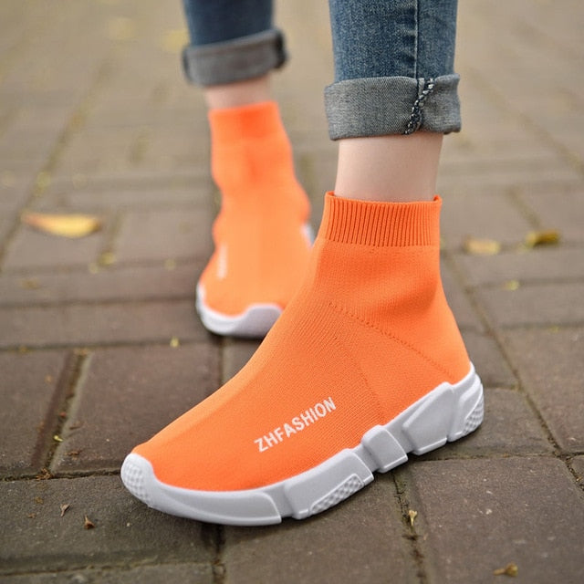 Light High Top New Breathable Flying Socks Shoes Women Sports Elastic Socks Sneakers